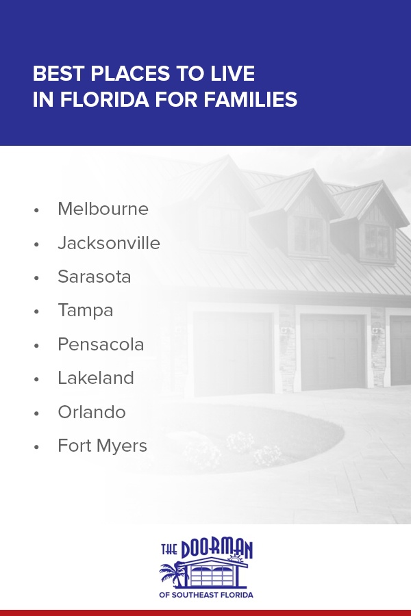 best places to live in florida for families includes melbourne, kacsonville, sarasota, tampa, pensacola, lakeland, orlando and fort myers